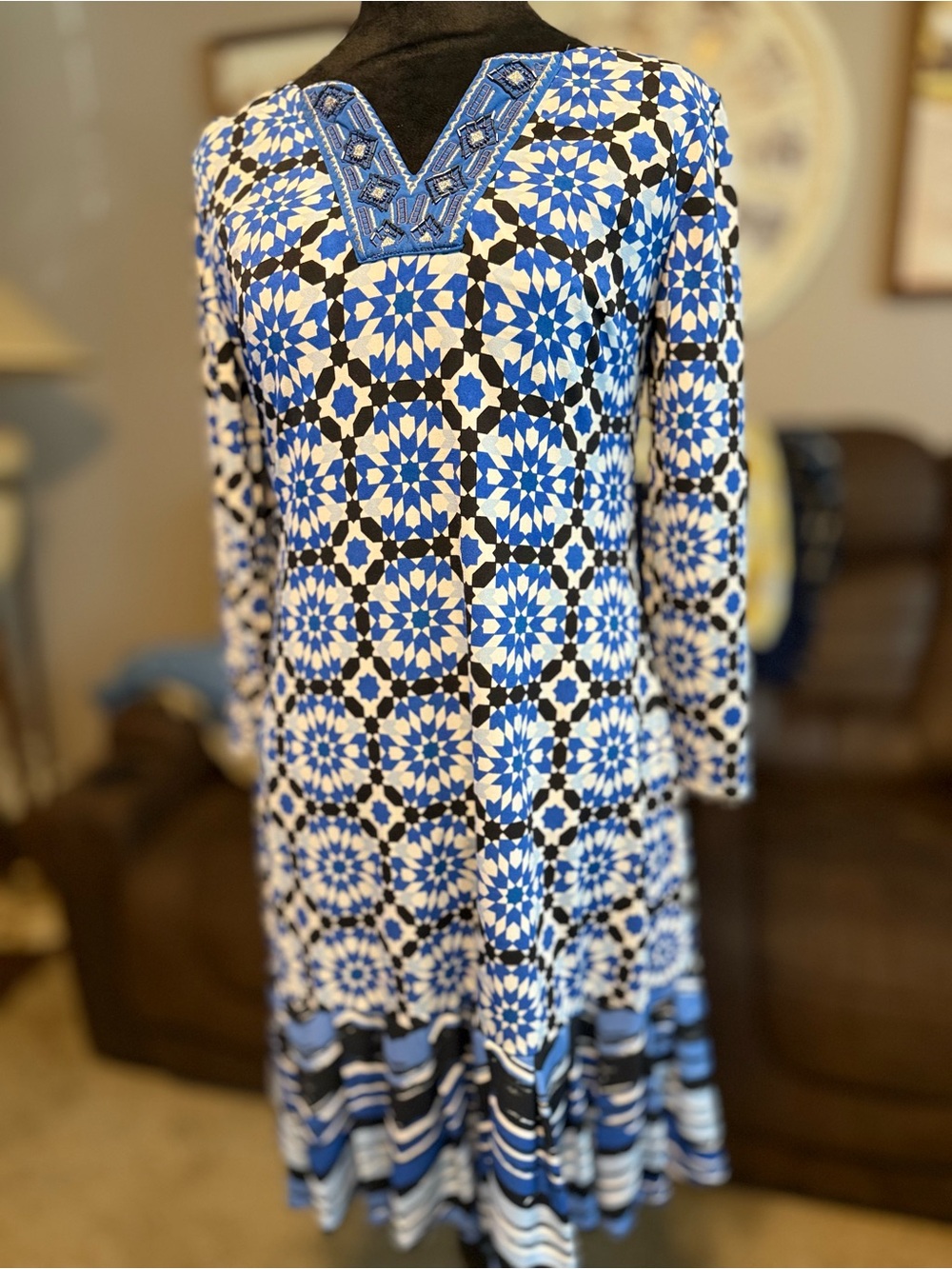 41 Hawthorn Blue, White & Black Geometric Long-Sleeve Dress